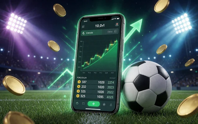 Smartphone mit Fu&szlig;ball-Wettquoten und Ball im Flutlichtstadion - Sportwetten bei Alawin Casino