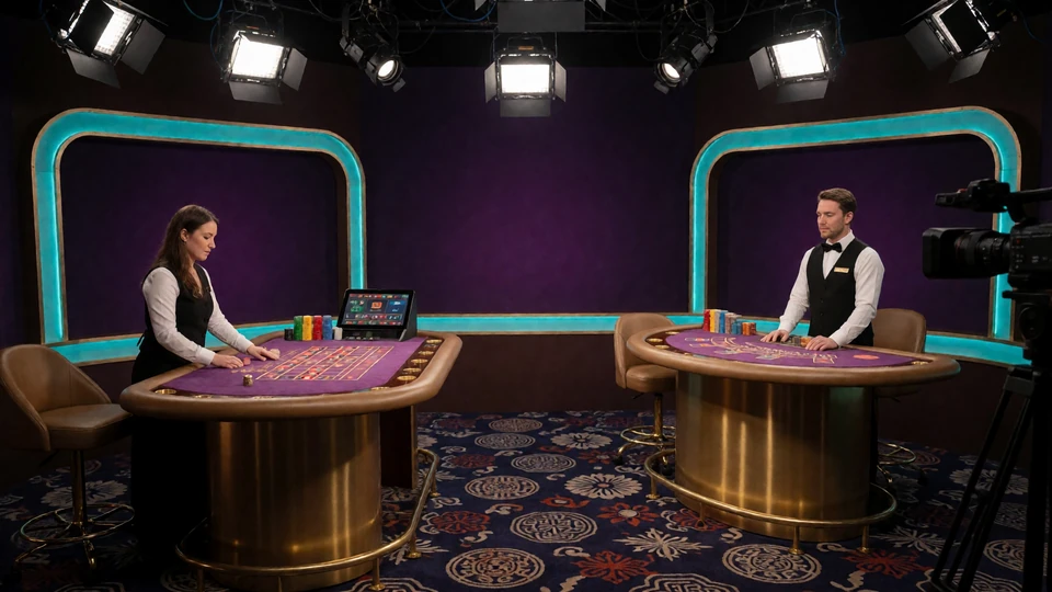 Live-Casino-Studio mit Roulette- und Blackjack-Tisch sowie Dealern - gestreamt von Evolution, Pragmatic Play und Ezugi