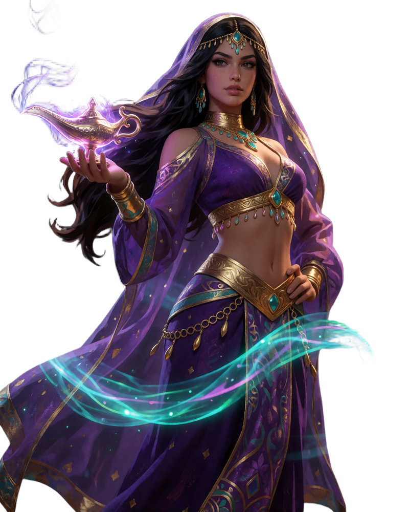 Selbstbewusste Abenteurerin in orientalischem Outfit mit leuchtender Wunderlampe - Alawin Casino VIP Motiv