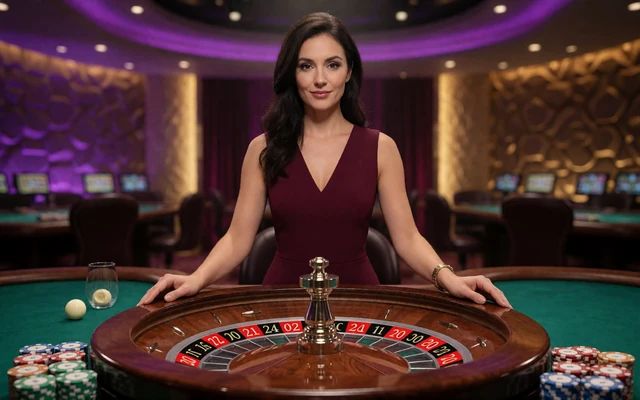 Live-Dealerin am Roulette-Tisch im Studio mit warmem Licht - Live Casino bei Alawin Casino
