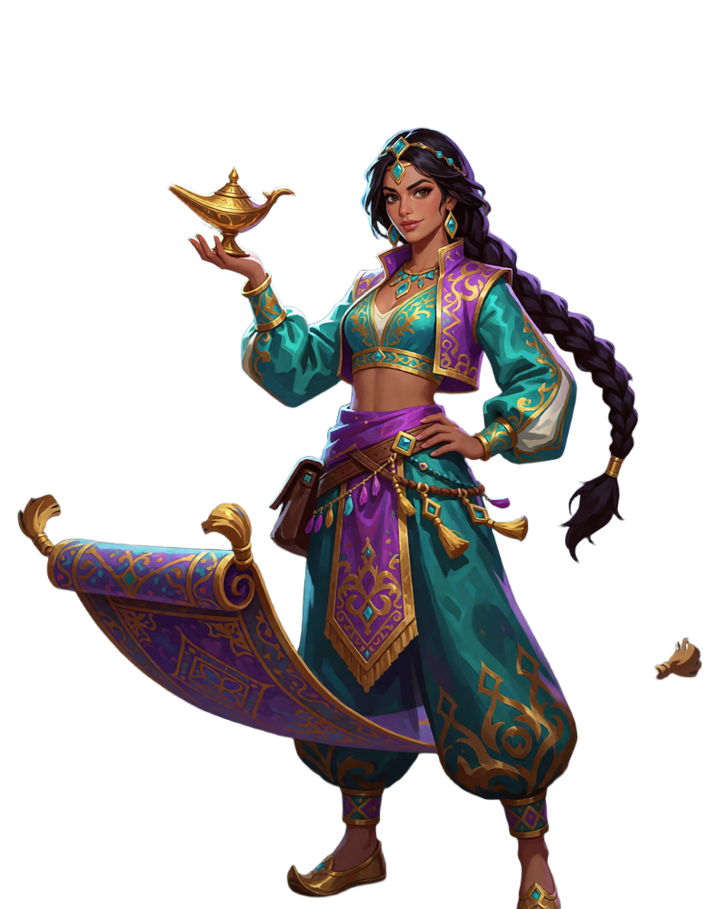 Abenteurerin in orientalischem Outfit mit leuchtender Wunderlampe, Dschinn-Rauch und fliegendem Teppich - Alawin Casino Motiv