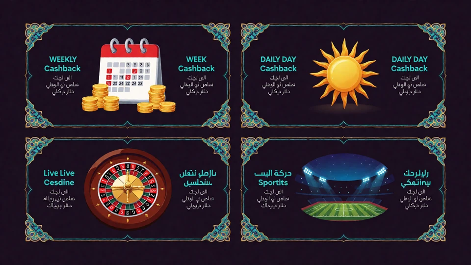 Vier separate Cashback-Kategorien f&uuml;r Woche, Tag, Live Casino und Sport mit unterschiedlichen Symbolen und Zeitkonzepten - Alawin Casino